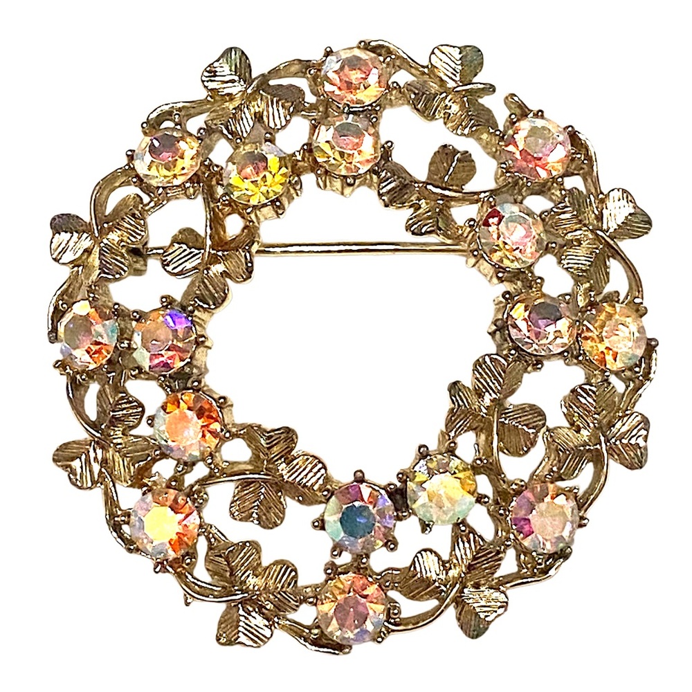 CORO 1950s AB Rhinestone Clover Brooch Gold Vintage
